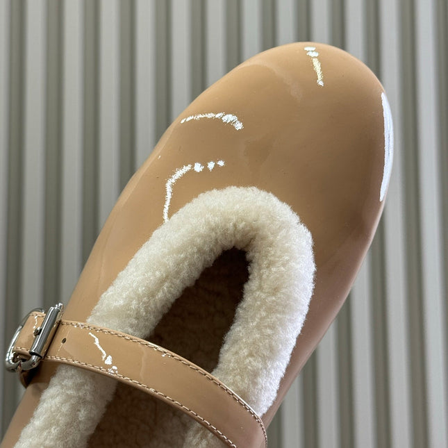 ALAIA 25S MARY JANE SHEARLING FLATS IN DARK NUDE GLOSSY CALFSKIN