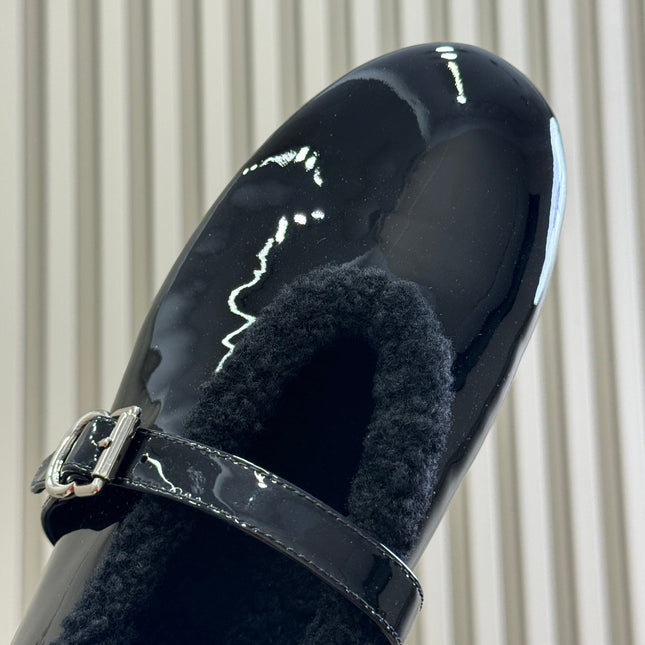 ALAIA 25S MARY JANE SHEARLING FLATS IN BLACK GLOSSY CALFSKIN