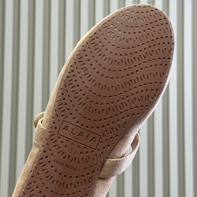 ALAIA 25S MARY JANE SHEARLING FLATS IN LIGHT BROWN SUEDE
