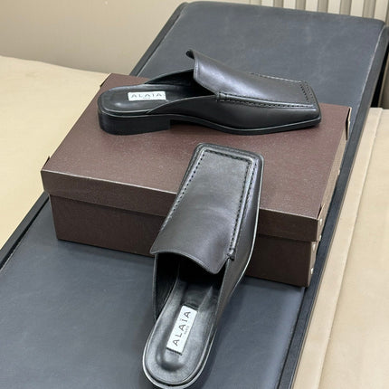 ALAIA 25S SQUARE LOAFER MULES IN BLACK CALFSKIN