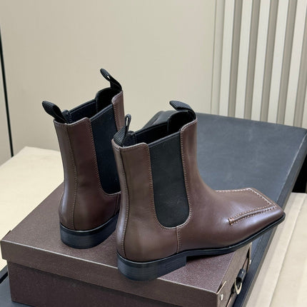 ALAIA 25S SQUARE TOE CHELSEA ANKLE BOOTS SHOES IN BROWN CALFSKIN