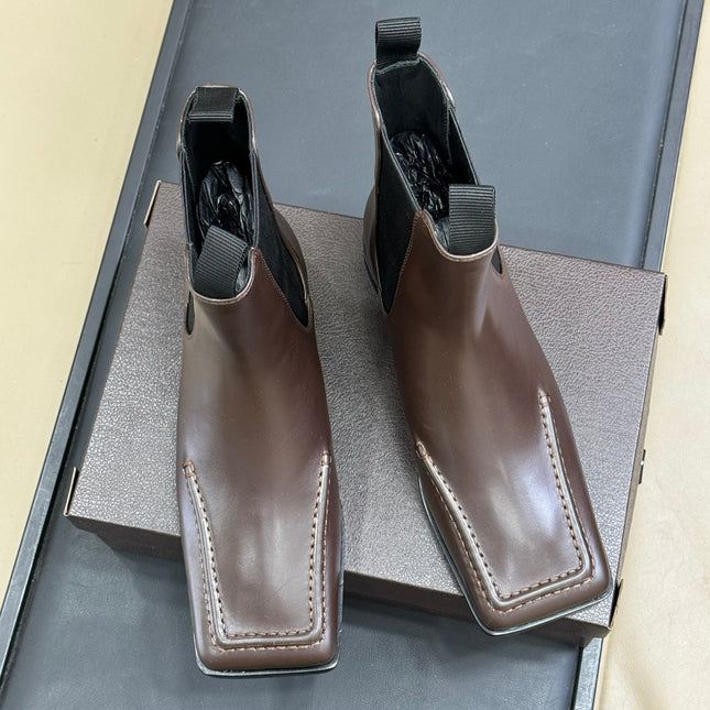 ALAIA 25S SQUARE TOE CHELSEA ANKLE BOOTS SHOES IN BROWN CALFSKIN