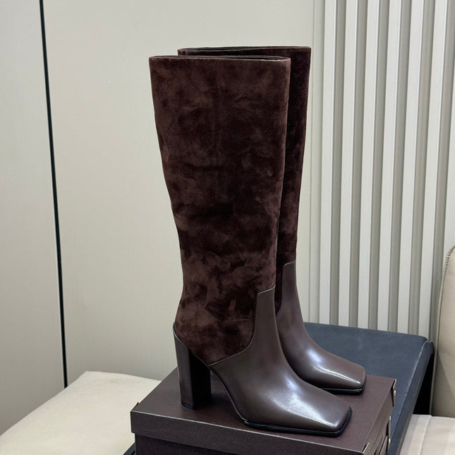 ALAIA 25S KNEE BOOTS IN BROWN CALFSKIN AND SUEDE