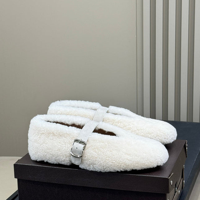 ALAIA 25S COZY MARY JANE SHEARLING FLATS IN WHITE