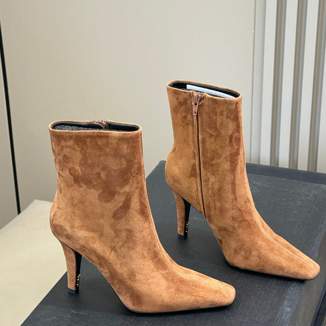YSL 26S HEELED BOOTS IN LIGHT BROWN SUEDE