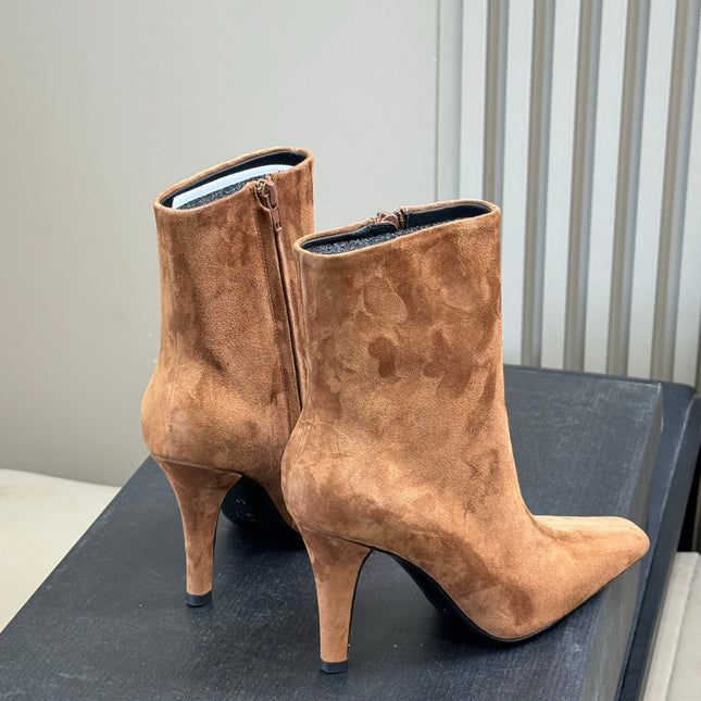 YSL 26S HEELED BOOTS IN LIGHT BROWN SUEDE