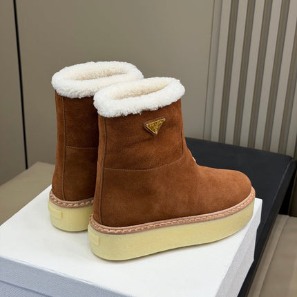 PRADA 25S ANKLE BOOTS 40 MM IN DARK BROWN SUEDE SHEARLING-LINED