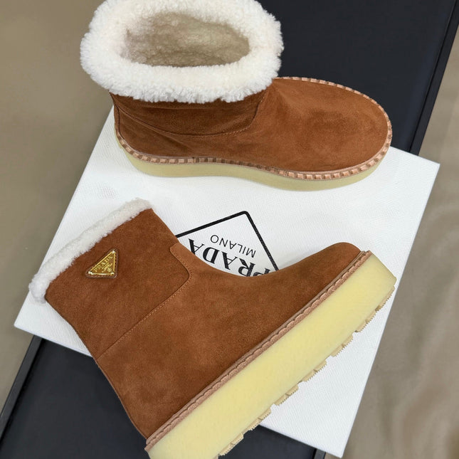 PRADA 25S ANKLE BOOTS 40 MM IN DARK BROWN SUEDE SHEARLING-LINED