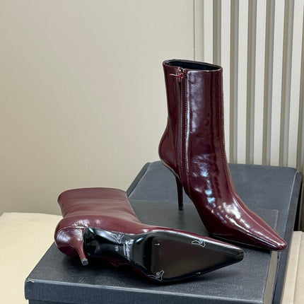 YSL 26S ZIPPERED HEELED BOOTS IN DARK RED SHINY CALFSKIN