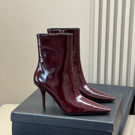 YSL 26S ZIPPERED HEELED BOOTS IN DARK RED SHINY CALFSKIN
