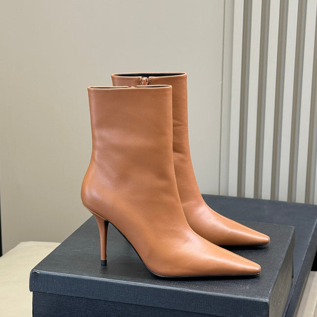 YSL 26S ZIPPERED HEELED BOOTS IN ORANGE BROWN CALFSKIN