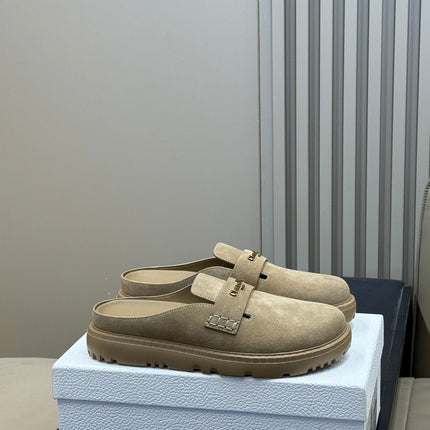 DIOR 26S BOY MULE IN DARK BEIGE SUEDE GOLD HARDWARE