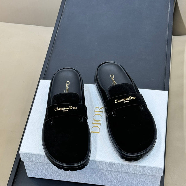 DIOR 26S BOY MULE IN BLACK SUEDE GOLD HARDWARE