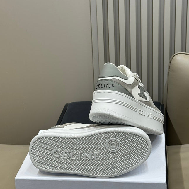 CELINE 26S WEDGE SNEAKERS IN WHITE CALFSKIN AND GREY SUEDE