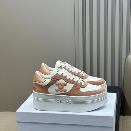 CELINE 26S WEDGE SNEAKERS IN WHITE CALFSKIN AND CARAMEL SUEDE