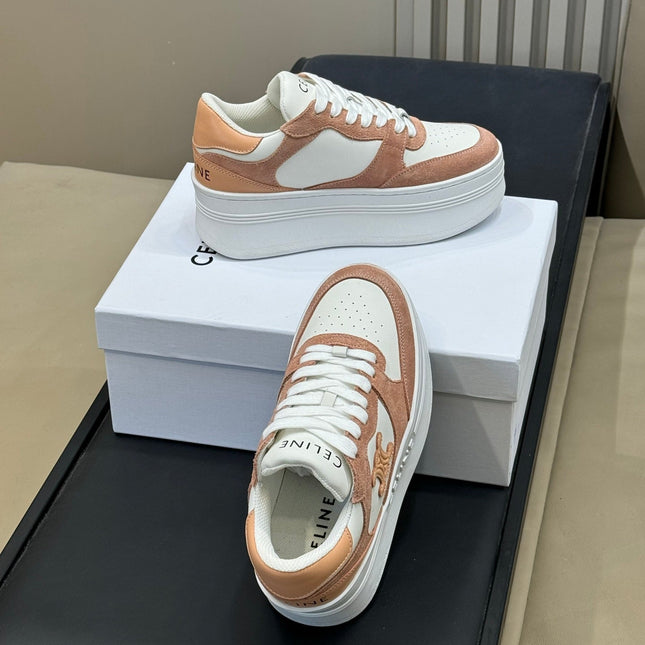 CELINE 26S WEDGE SNEAKERS IN WHITE CALFSKIN AND CARAMEL SUEDE
