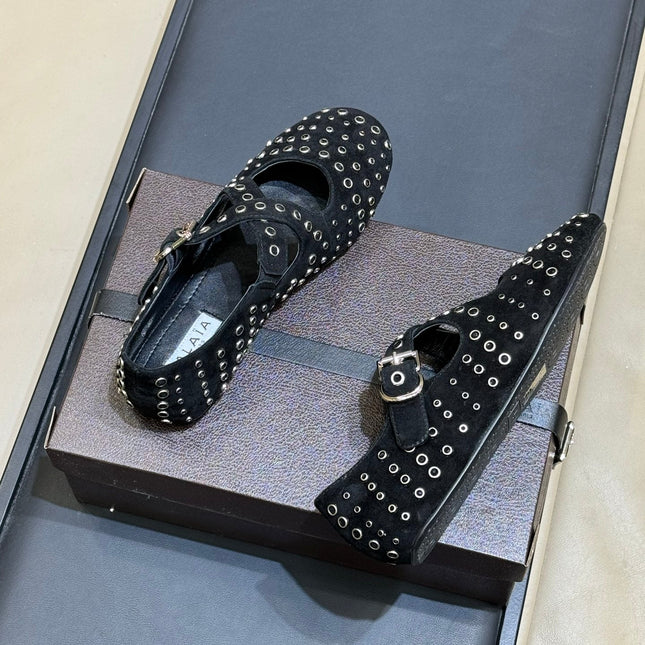 ALAIA 26S CROSS-STRAP FLATS IN BLACK SUEDE WITH SILVER HARDWARE