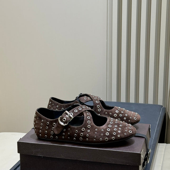 ALAIA 26S CROSS-STRAP FLATS IN DARK BROWN SUEDE WITH SILVER HARDWARE
