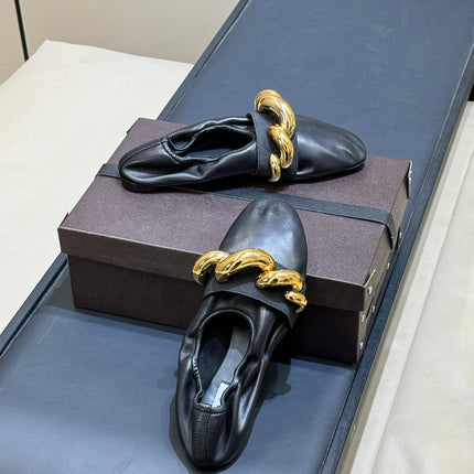 ALAIA 26S KNIT BALLET FLATS IN BLACK LAMBSKIN WITH GOLD HARDWARE
