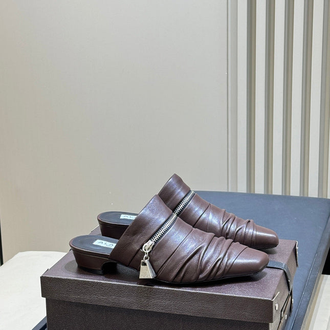 ALAIA 26S PLEATED MULES IN DARK BROWN LAMBSKIN