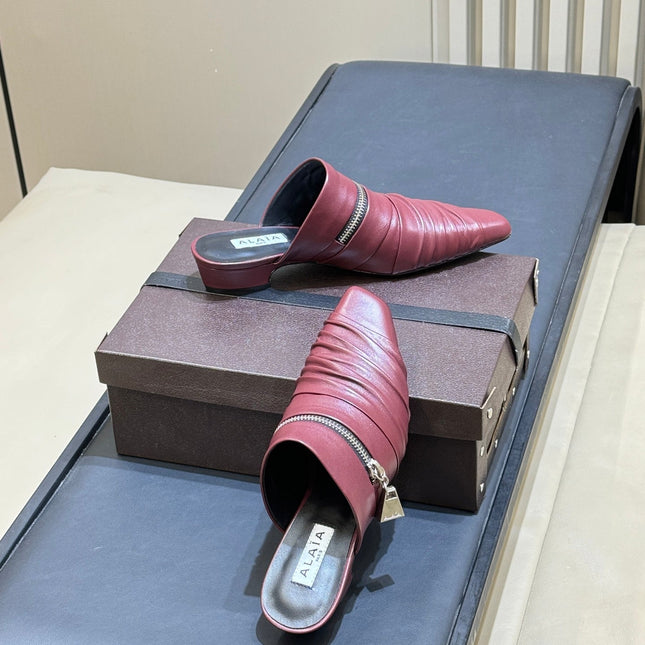 ALAIA 26S PLEATED MULES IN DARK RED LAMBSKIN