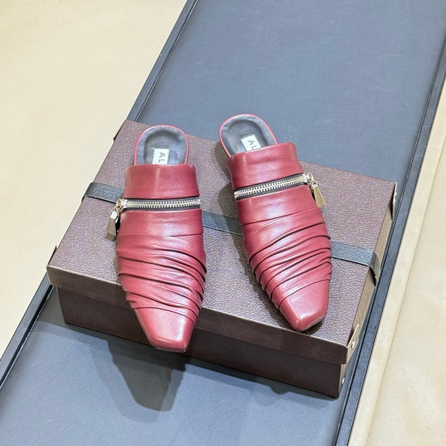 ALAIA 26S PLEATED MULES IN DARK RED LAMBSKIN