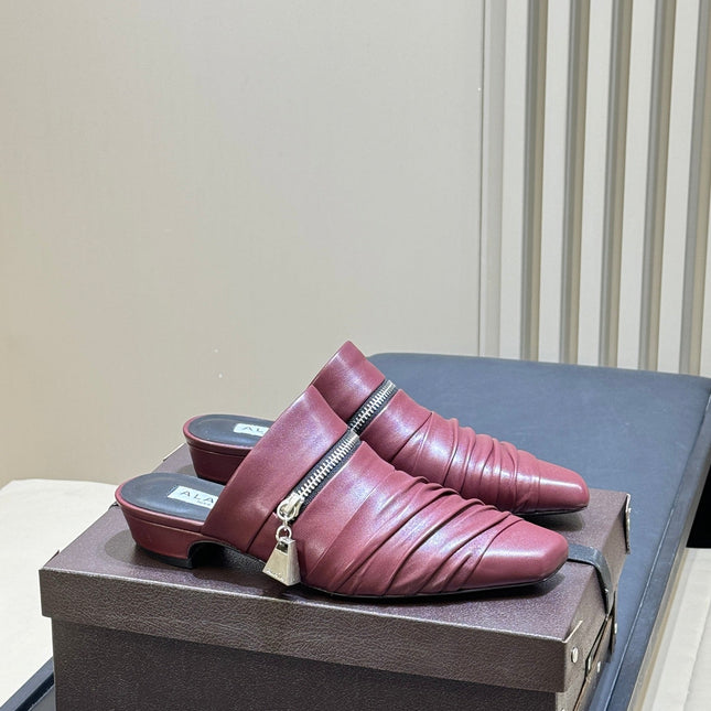 ALAIA 26S PLEATED MULES IN DARK RED LAMBSKIN