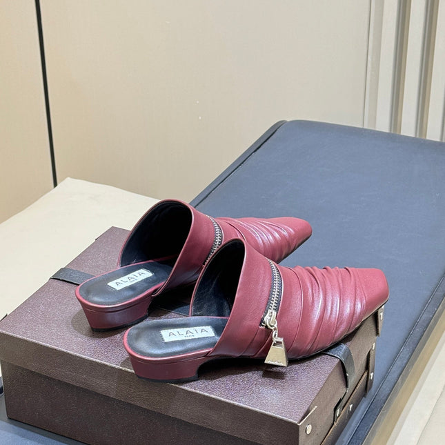 ALAIA 26S PLEATED MULES IN DARK RED LAMBSKIN