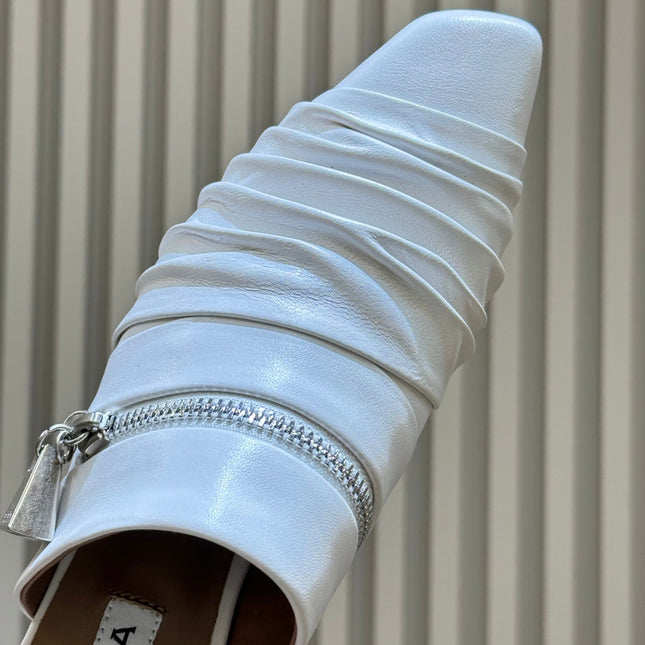 ALAIA 26S PLEATED MULES IN WHITE LAMBSKIN
