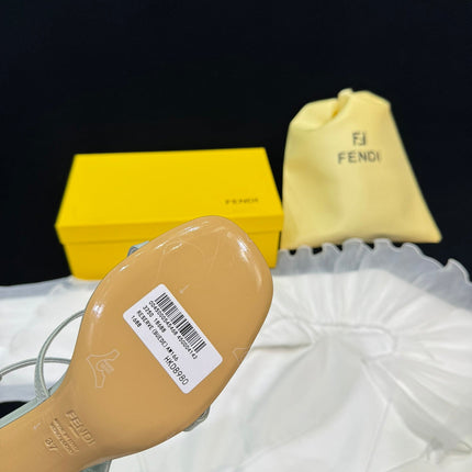 FENDI FFOLD MEDIUM-HEELED 55 MM SANDALS IN ASH GREY LAMBSKIN WITH GOLD HARDWARE