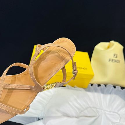 FENDI FFOLD MEDIUM-HEELED 55 MM SANDALS IN BRONZE BROWN LAMBSKIN WITH GOLD HARDWARE