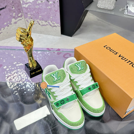 LV 26S TRAINER SNEAKERS IN LIME GREEN WHITE CALFSKIN WITH RHINESTONE