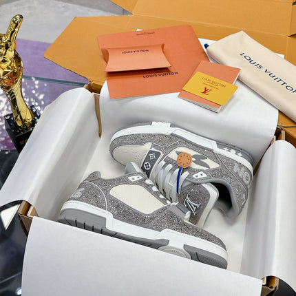 LV 26S TRAINER SNEAKERS IN WHITE GREY CALFSKIN WITH RHINESTONE
