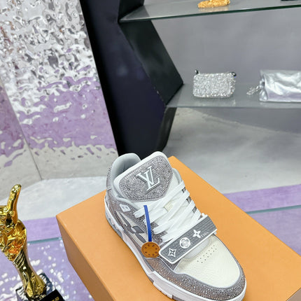LV 26S TRAINER SNEAKERS IN WHITE GREY CALFSKIN WITH RHINESTONE
