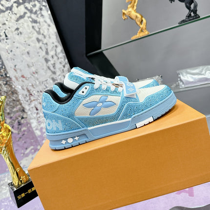 LV 26S TRAINER SNEAKERS IN SKY BLUE WHITE CALFSKIN WITH RHINESTONE