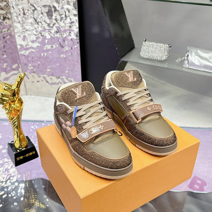 LV 26S TRAINER SNEAKERS IN BEIGE BROWN CALFSKIN WITH RHINESTONE