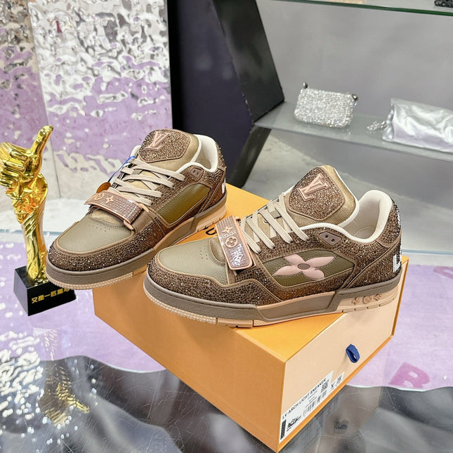 LV 26S TRAINER SNEAKERS IN BEIGE BROWN CALFSKIN WITH RHINESTONE