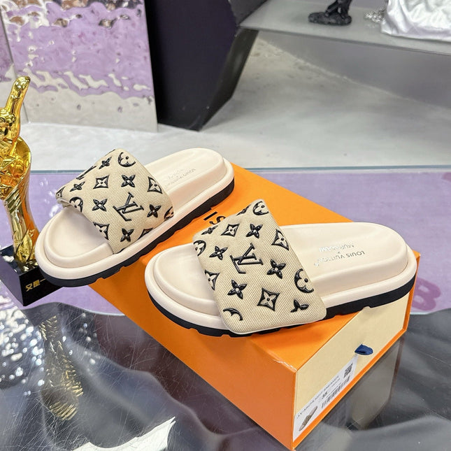 LV 26S POOL PILLOW SLIDES IN BEIGE BLACK MONOGRAM DENIM AND CALFSKIN