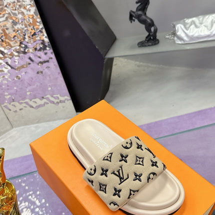 LV 26S POOL PILLOW SLIDES IN BEIGE BLACK MONOGRAM DENIM AND CALFSKIN