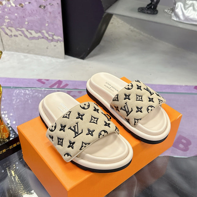 LV 26S POOL PILLOW SLIDES IN BEIGE BLACK MONOGRAM DENIM AND CALFSKIN