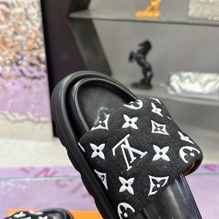 LV 26S POOL PILLOW SLIDES IN BLACK WHITE MONOGRAM DENIM AND CALFSKIN