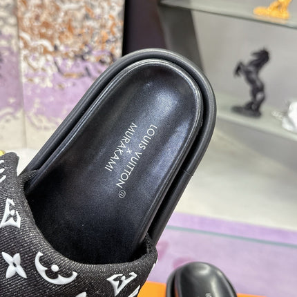 LV 26S POOL PILLOW SLIDES IN BLACK WHITE MONOGRAM DENIM AND CALFSKIN