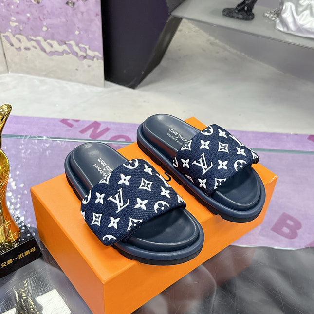 LV 26S POOL PILLOW SLIDES IN NAVY WHITE MONOGRAM DENIM AND CALFSKIN