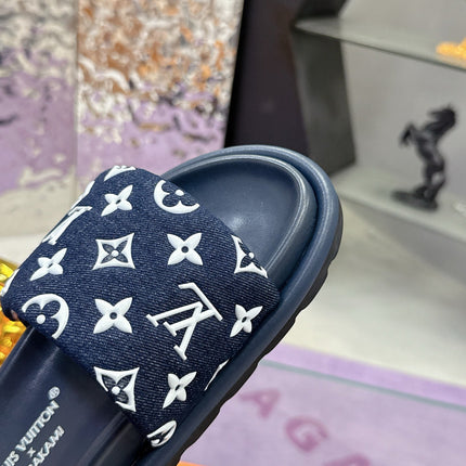 LV 26S POOL PILLOW SLIDES IN NAVY WHITE MONOGRAM DENIM AND CALFSKIN