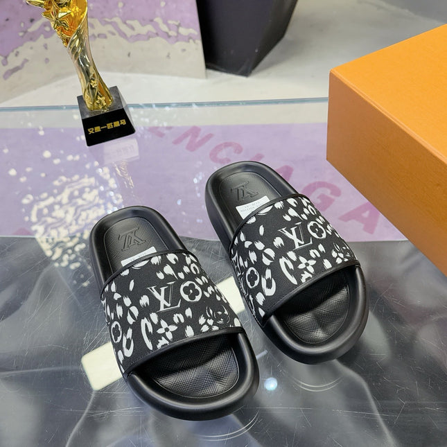 LV 26S SLIDE SANDALS IN BLACK WHITE CALFSKIN AND CANVAS