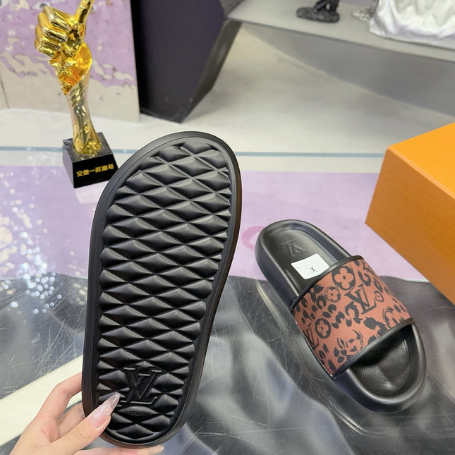 LV 26S SLIDE SANDALS IN BLACK BROWN CALFSKIN AND CANVAS