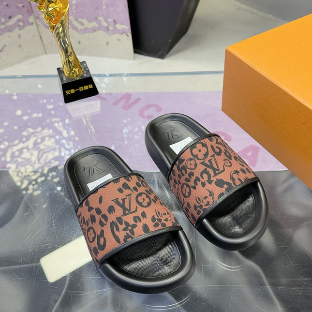 LV 26S SLIDE SANDALS IN BLACK BROWN CALFSKIN AND CANVAS