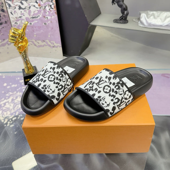 LV 26S SLIDE SANDALS IN WHITE BLACK CALFSKIN AND CANVAS