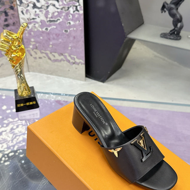 LV 26S BLOCK HEEL MULE SANDALS IN BLACK CALFSKIN GOLD HARDWARE