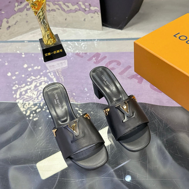 LV 26S BLOCK HEEL MULE SANDALS IN BLACK CALFSKIN GOLD HARDWARE